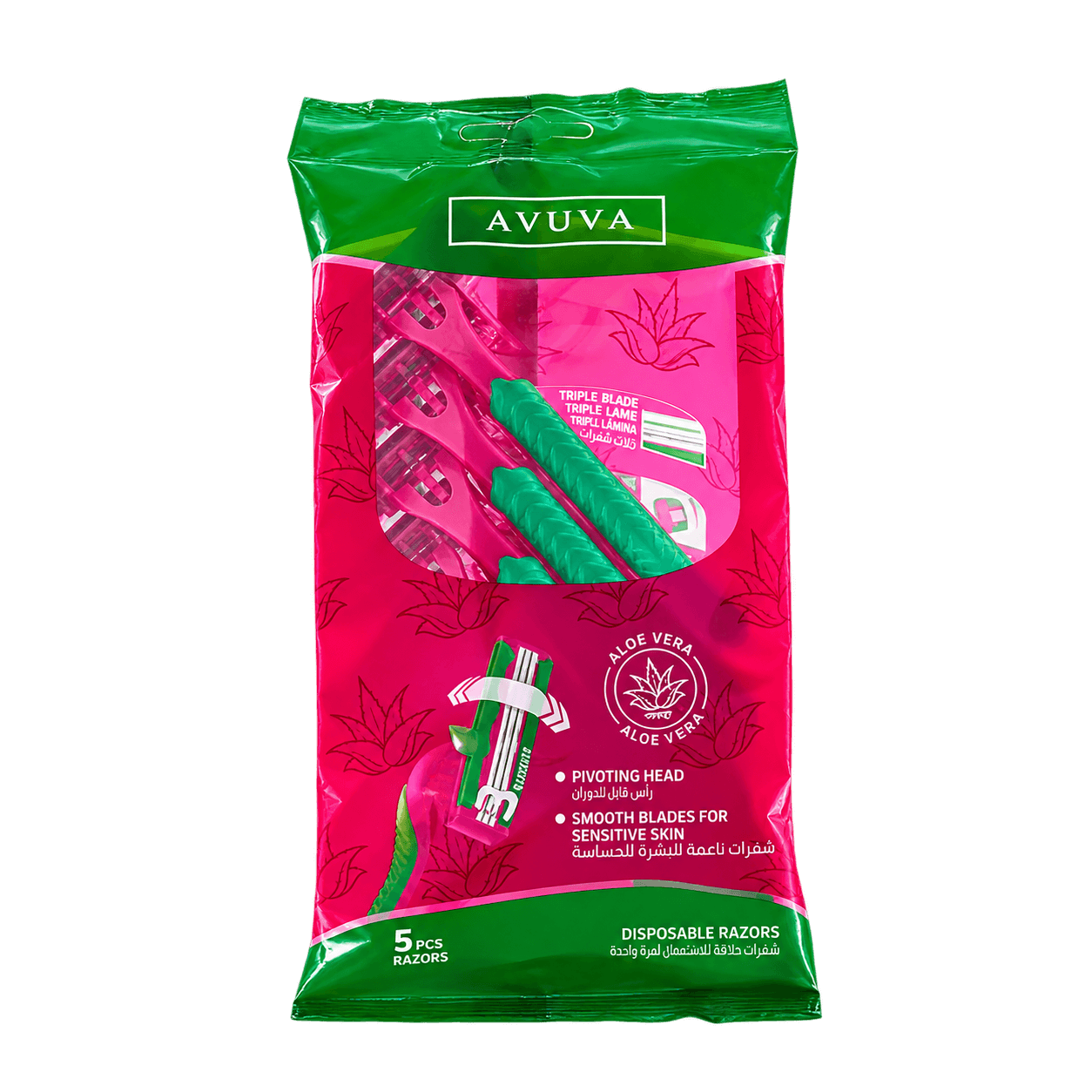 3-Blade Razor with Aloe Vera Extract - Green & Pink, 5 per pack